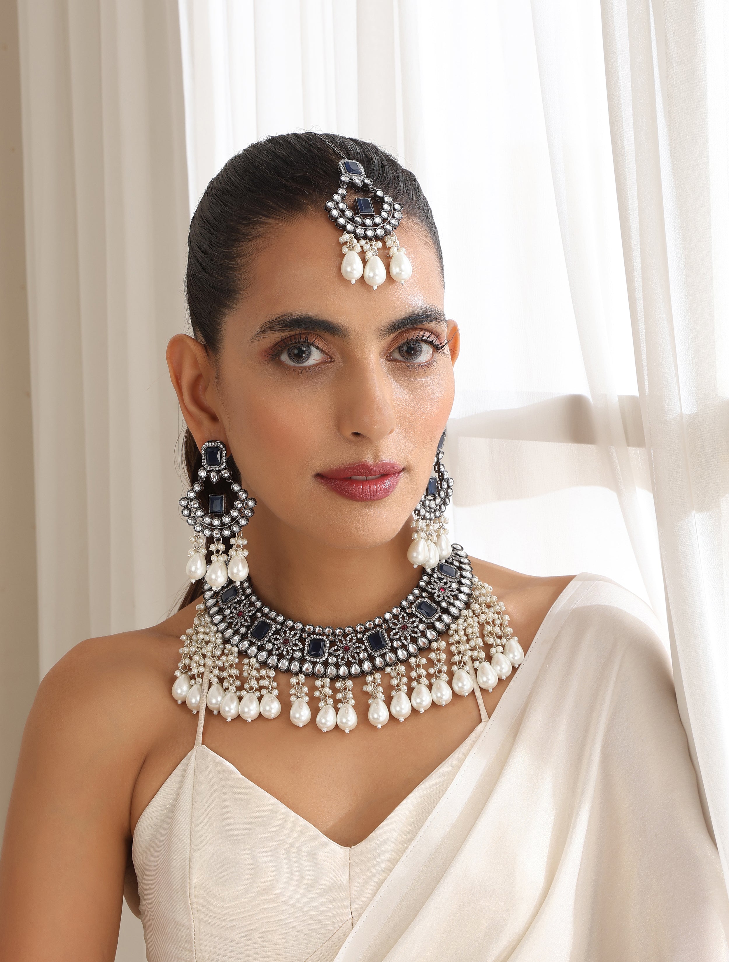 Blue Pearl Drop American Diamond Necklace, Earring and Maang Teeka Set