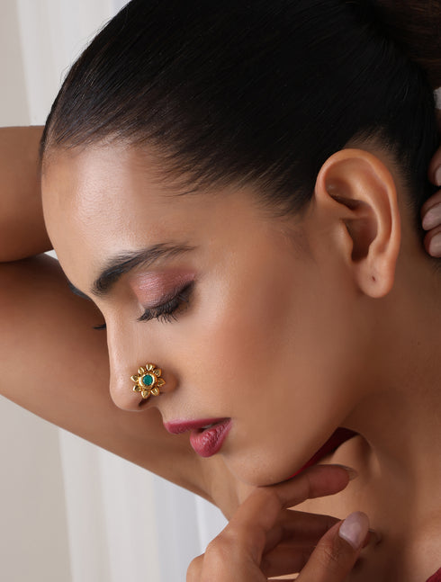 Green Color Kundan Nose Pin