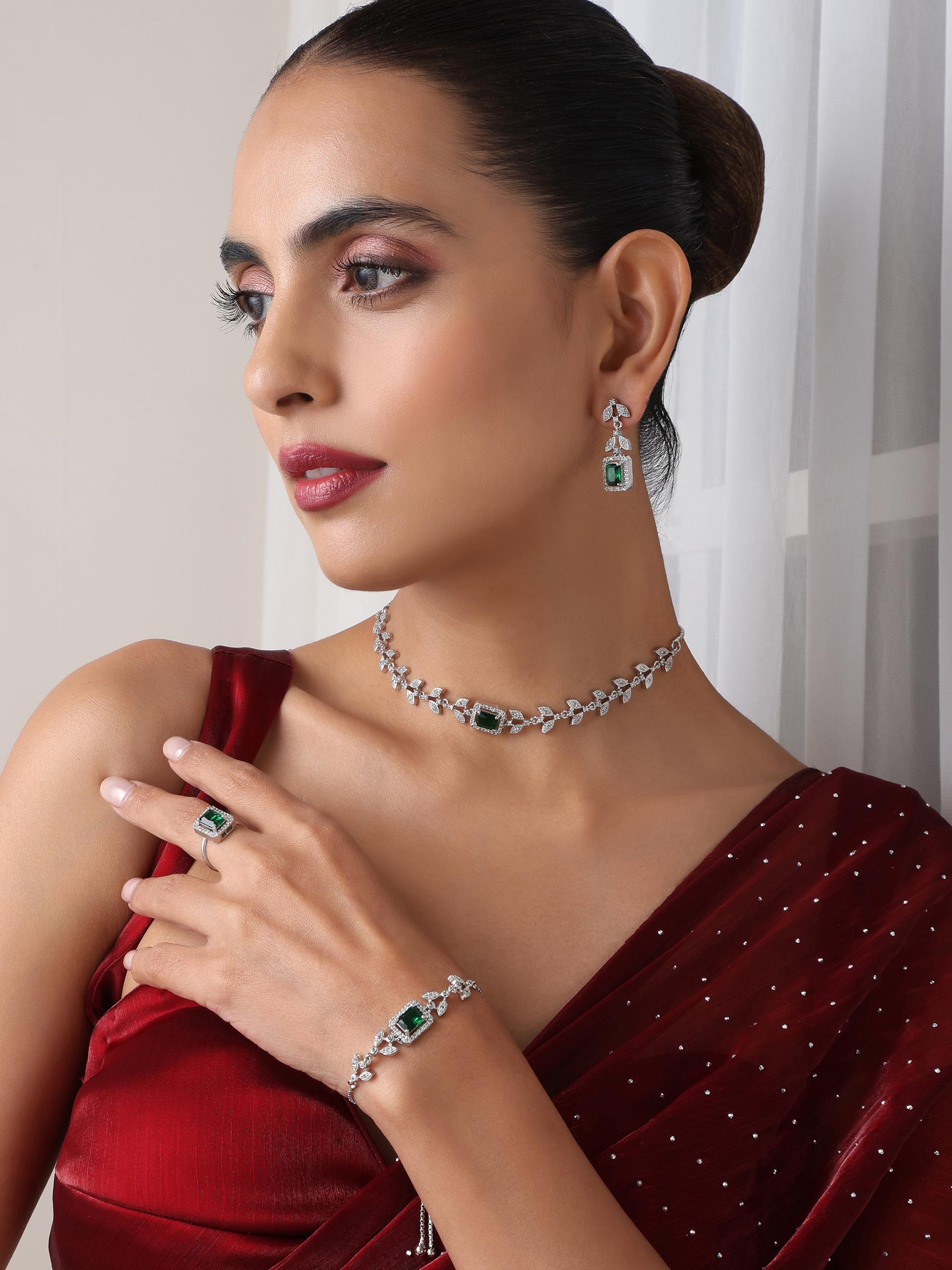 SET - Green Petal Diamond Necklace, Earring, Ring, Bracelet