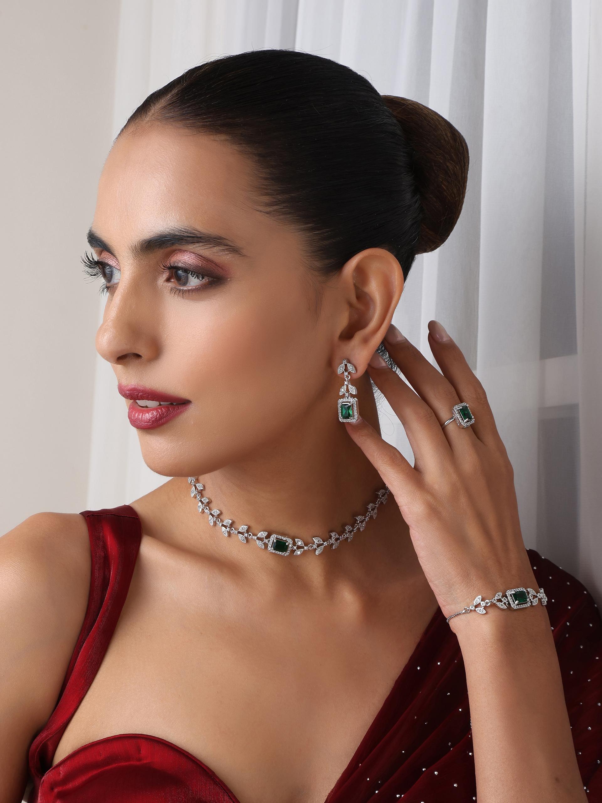 SET - Green Petal Diamond Necklace, Earring, Ring, Bracelet