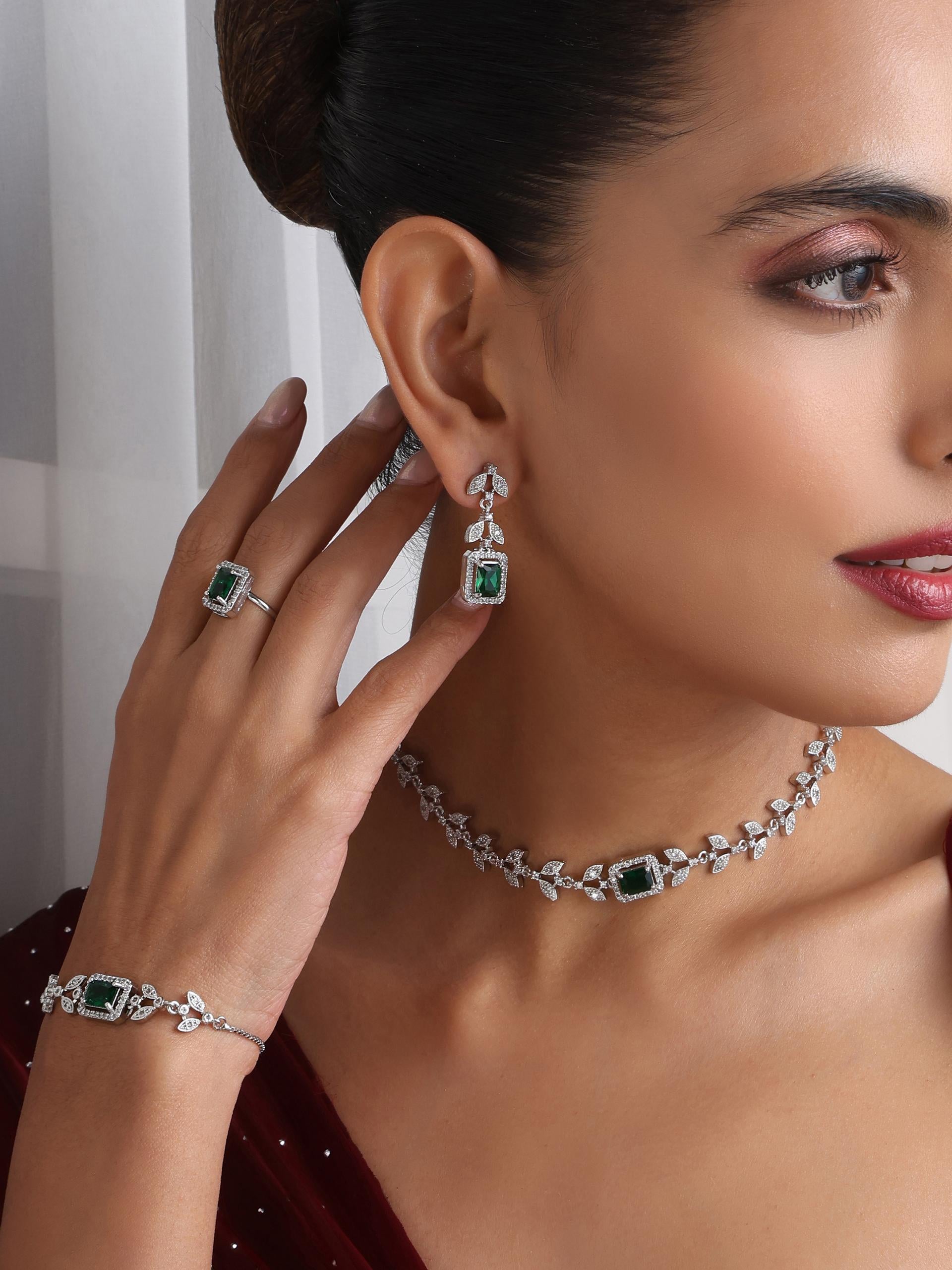 SET - Green Petal Diamond Necklace, Earring, Ring, Bracelet