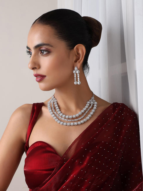 3 Line White Diamond String Necklace and Earring Set