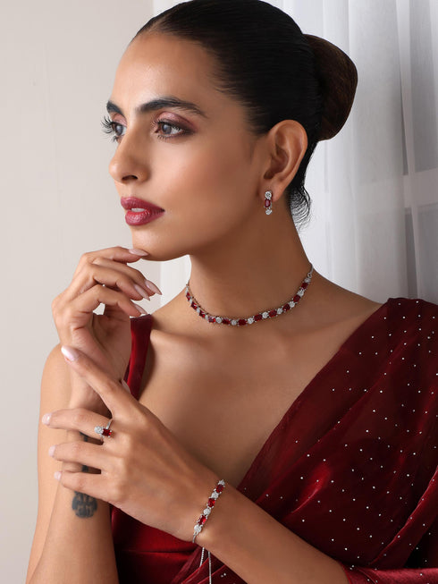 SET - Red Diamond Necklace, Earring, Ring, Bracelet