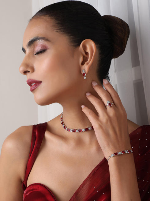 SET - Red Diamond Necklace, Earring, Ring, Bracelet