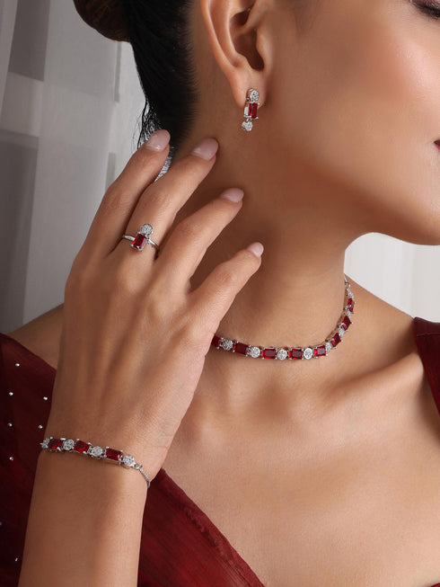 SET - Red Diamond Necklace, Earring, Ring, Bracelet