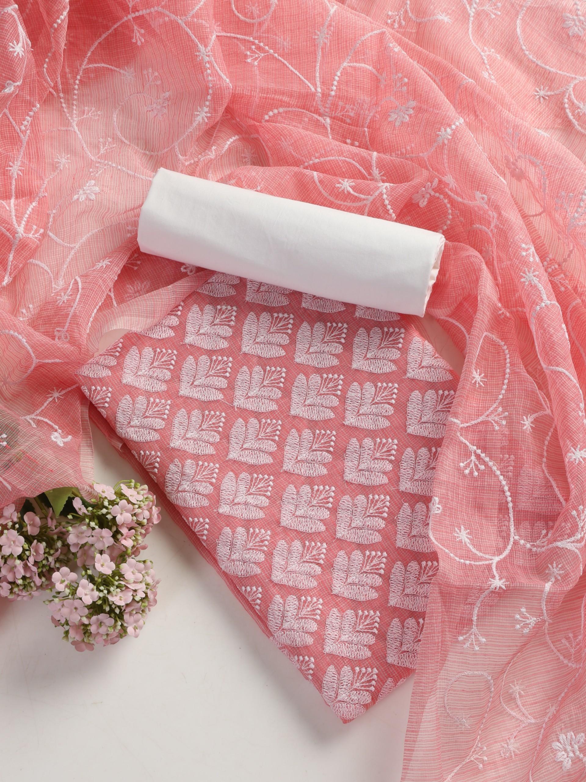 3 pc Unstitched SET -Pink Kota Doria Phulkari Embroidered Kurta with Heavy Dupatta and Cotton Pyjama