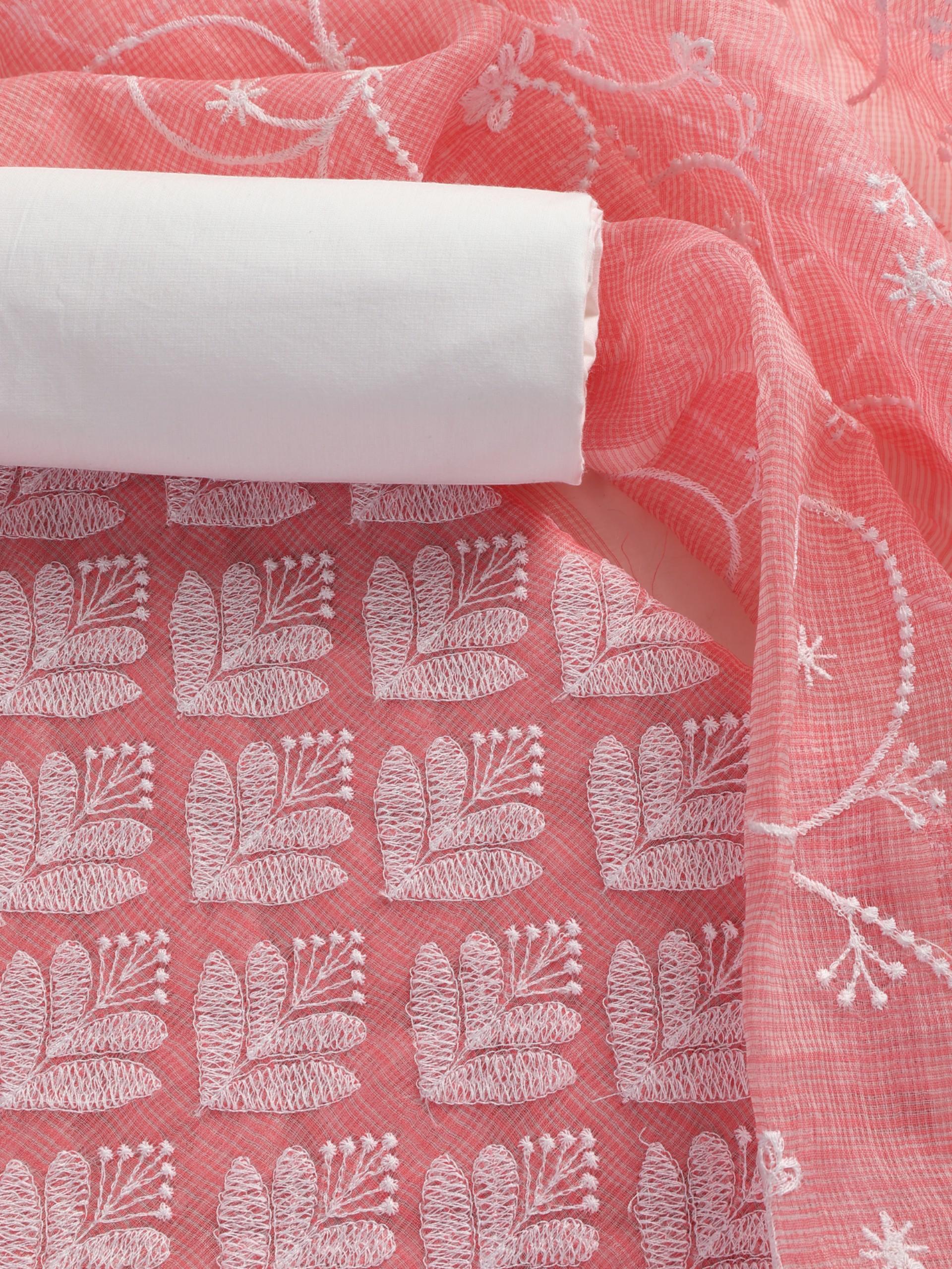 3 pc Unstitched SET -Pink Kota Doria Phulkari Embroidered Kurta with Heavy Dupatta and Cotton Pyjama