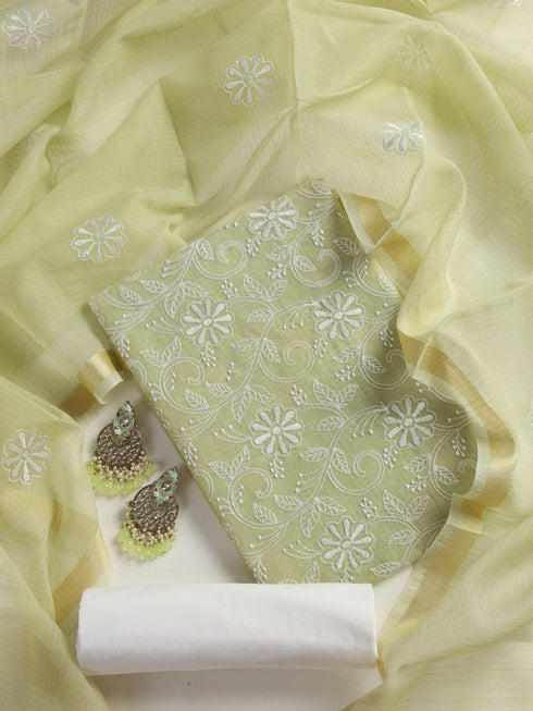 3 pc Unstitched SET -Sage Kota Doria Flower Embroidered Kurta with Dupatta and Cotton Pyjama