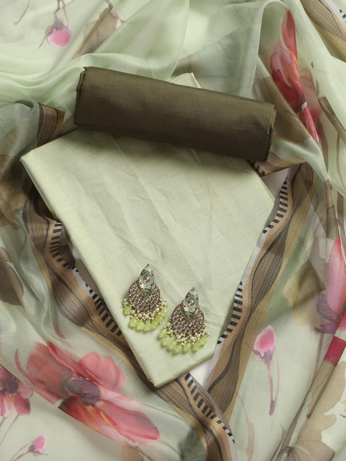 Dark and light green cotton silk kurta and pyjama with printed dupatta