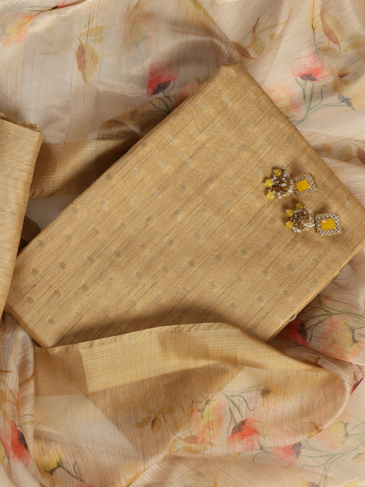 Gold zari butti cotton silk kurta with printed dupatta and silk pyjama