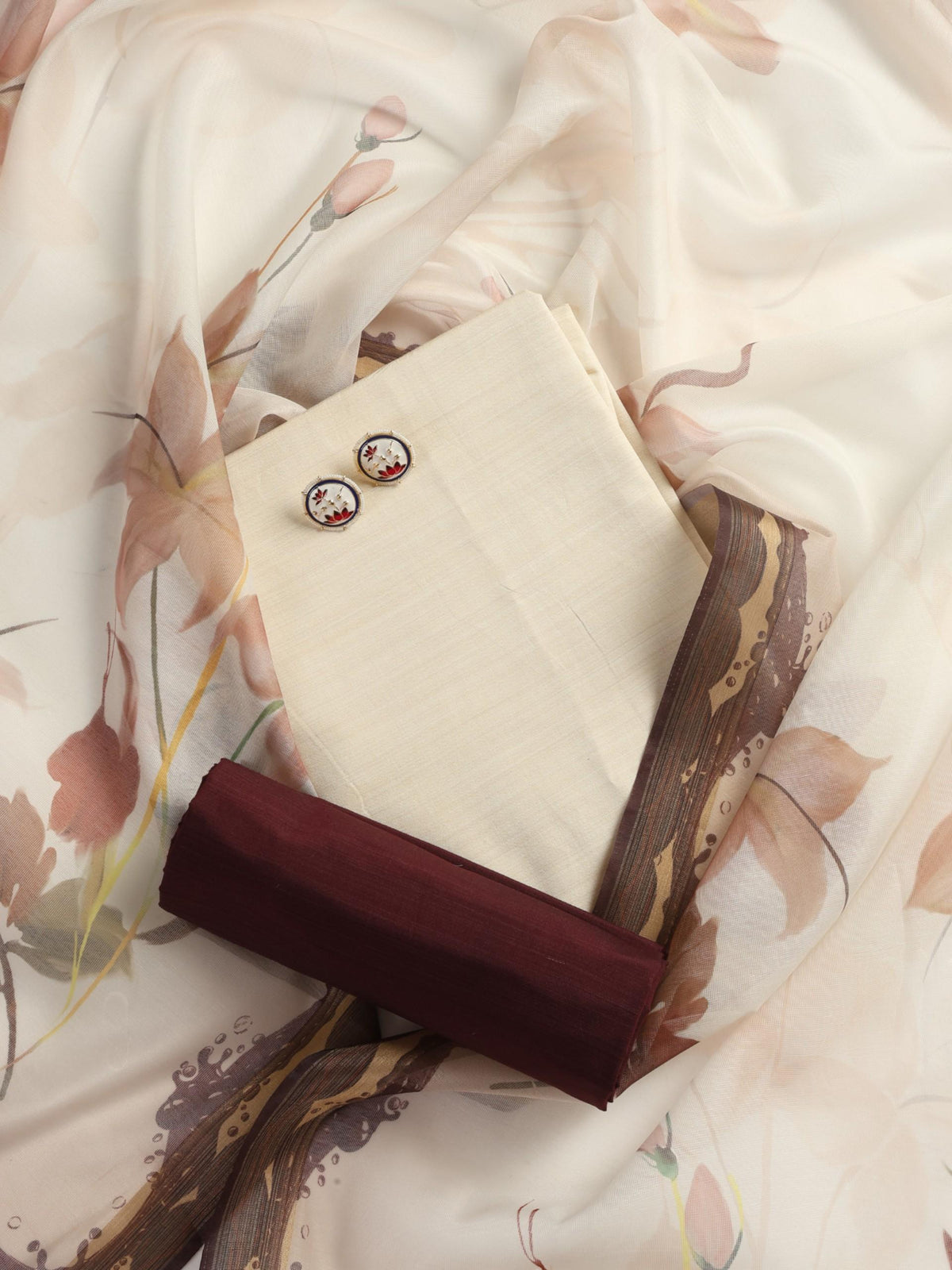 Maroon and cream cotton silk kurta and pyjama with printed dupatta