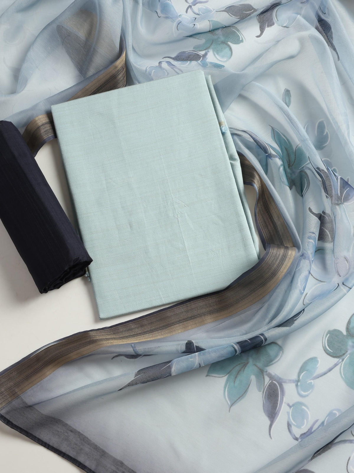 Dark and light blue cotton silk kurta and pyjama with printed dupatta