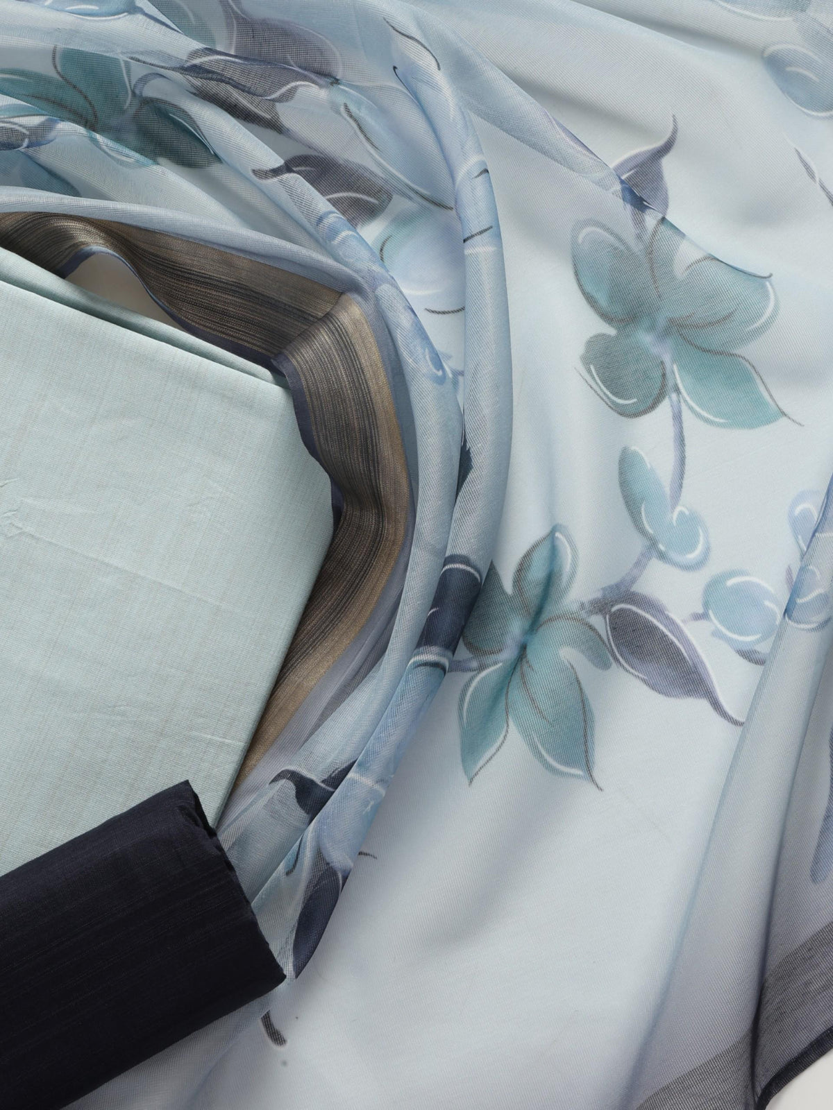 Dark and light blue cotton silk kurta and pyjama with printed dupatta — view 2