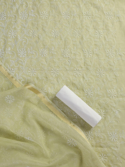 3 pc Unstitched SET -Sage Kota Doria Flower Embroidered Kurta with Dupatta and Cotton Pyjama