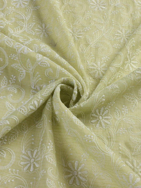 3 pc Unstitched SET -Sage Kota Doria Flower Embroidered Kurta with Dupatta and Cotton Pyjama