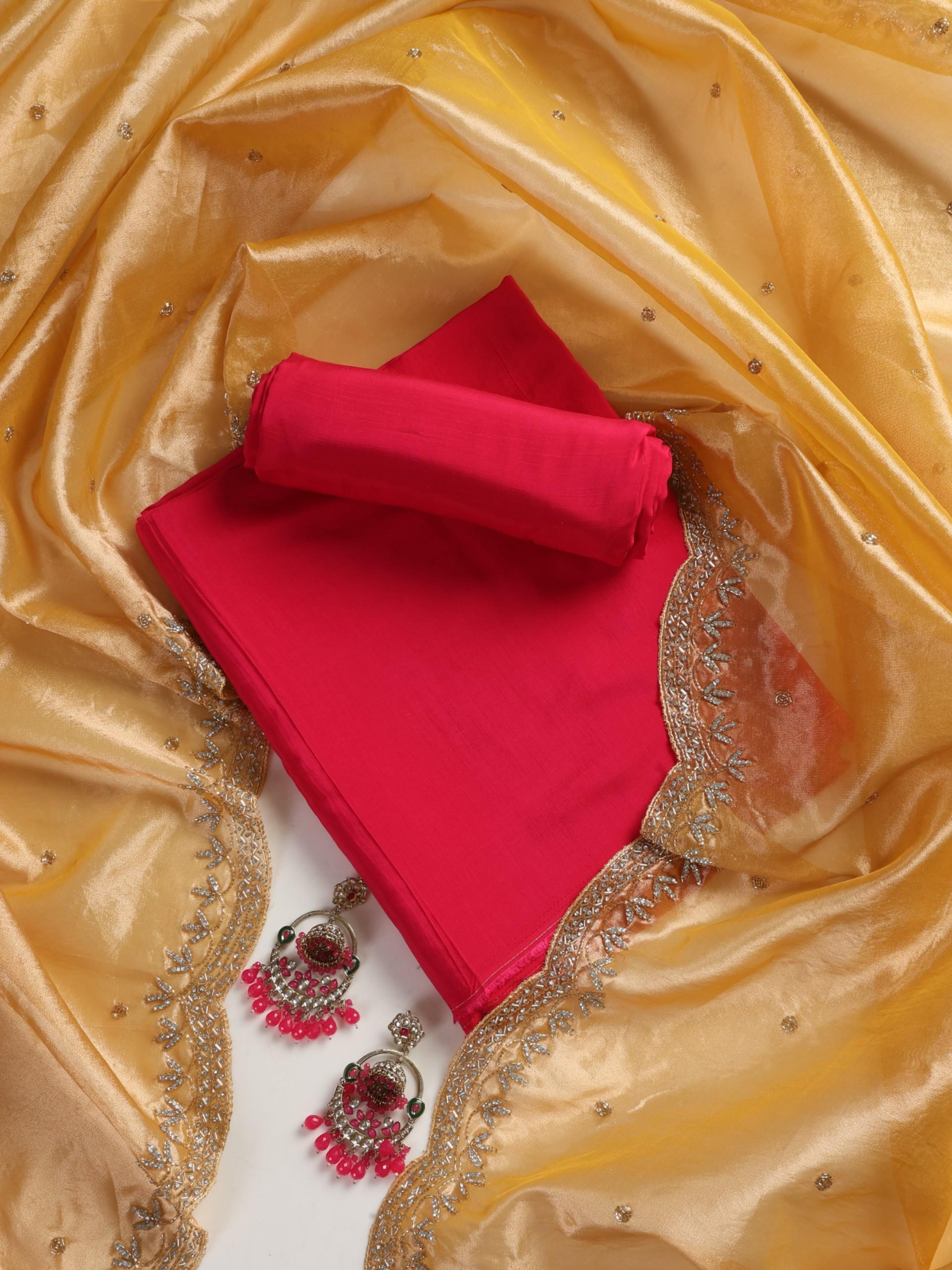 3 pc Unstitched Suit SET - Pink Tusser Slub Kurta and Pyjama with Banarasi Tissue Dupatta with Heavy Hand Beading