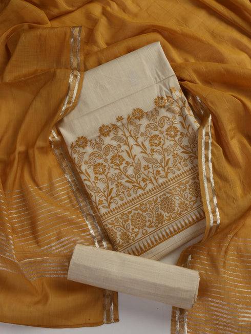 3 pc Unstitched Suit SET - Yellow Jacquard Paisley Kurta with Zari Dupatta and Pyjama