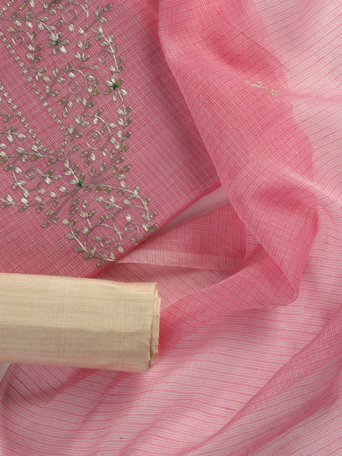 3 pc Unstitched Suit SET - Pink Kota Doria Peeta Embroidered Kurta with Dupatta and Pyjama