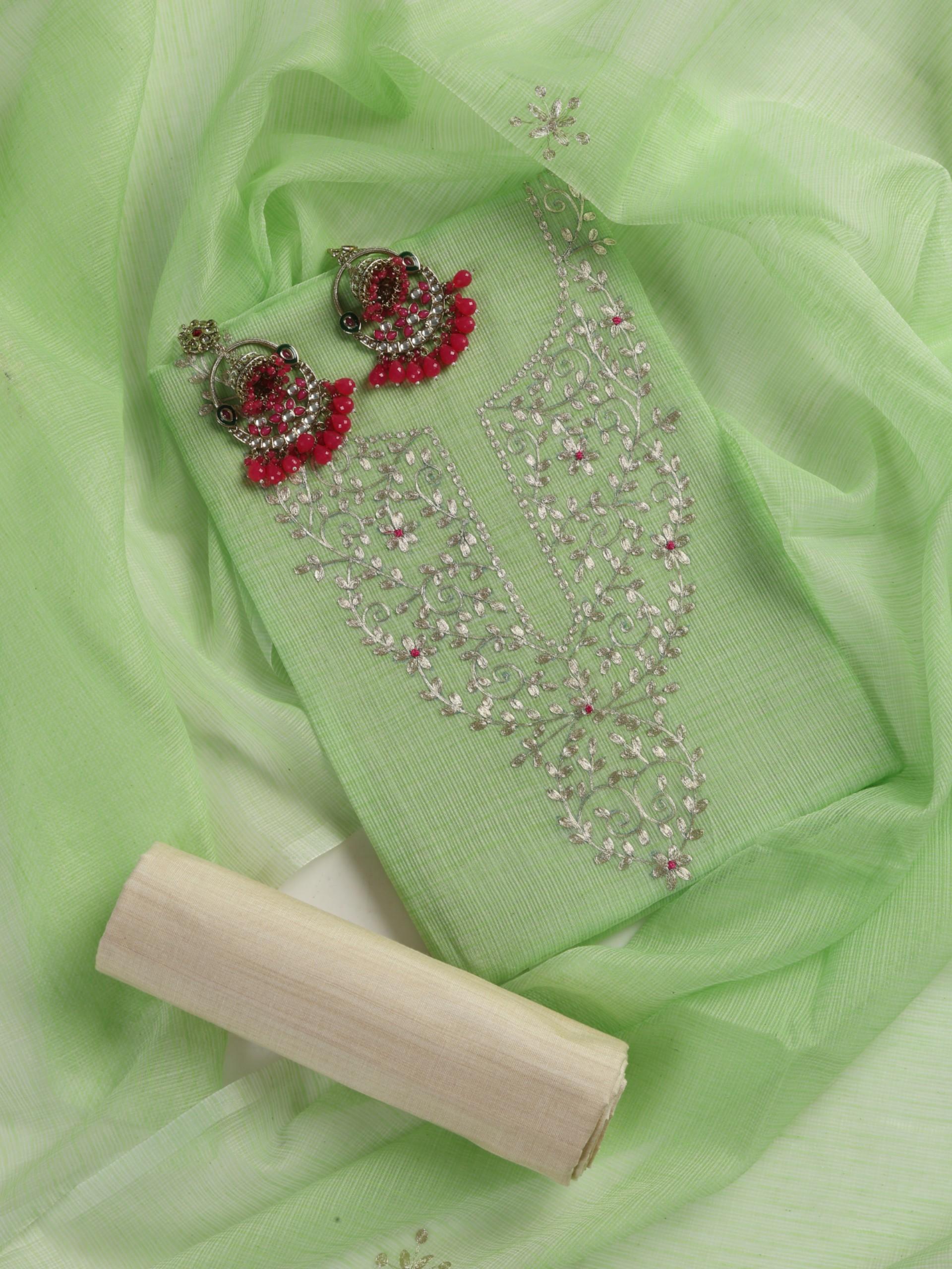 3 pc Unstitched Suit SET - Lime Green Kota Doria Peeta Embroidered Kurta with Dupatta and Pyjama