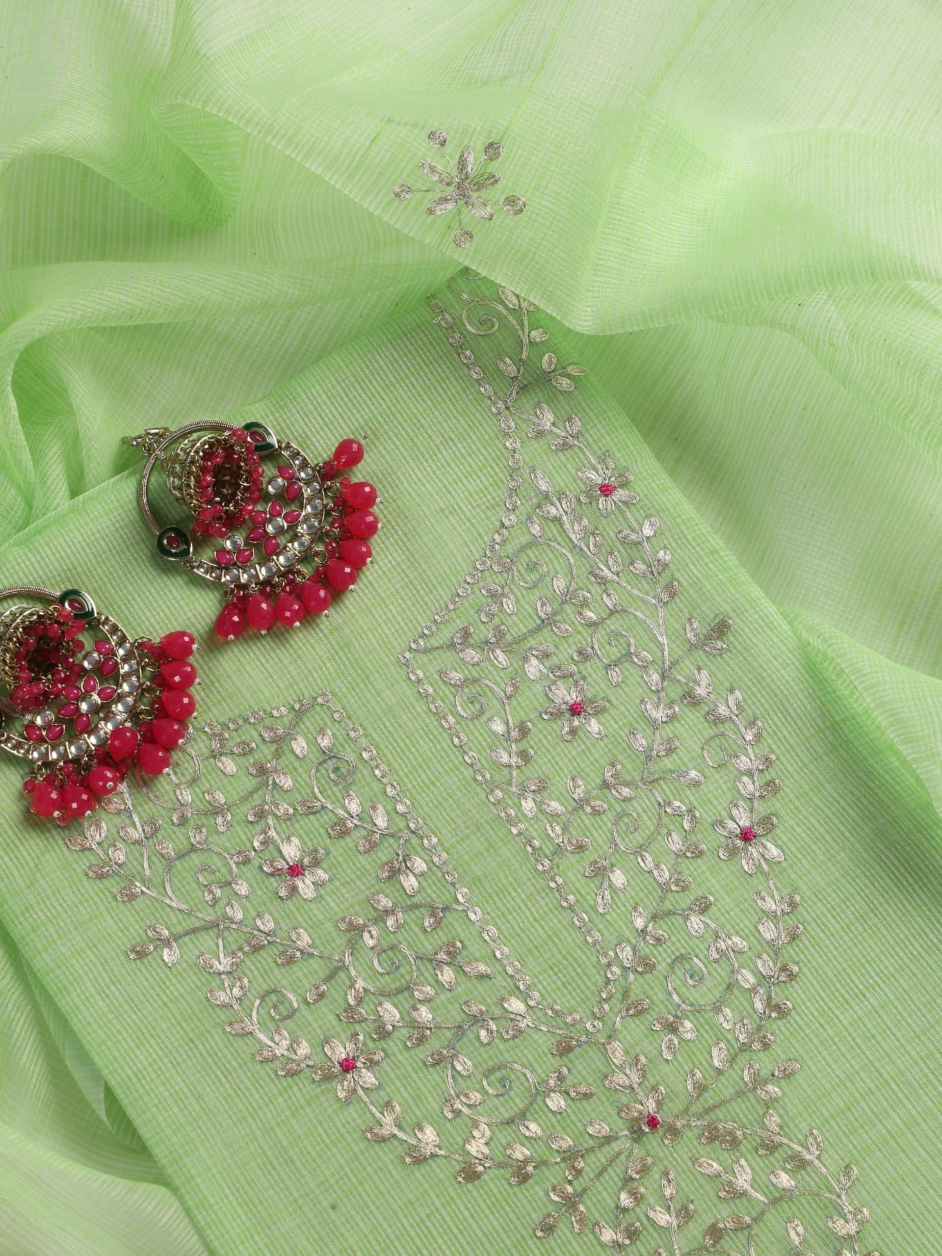 3 pc Unstitched Suit SET - Lime Green Kota Doria Peeta Embroidered Kurta with Dupatta and Pyjama