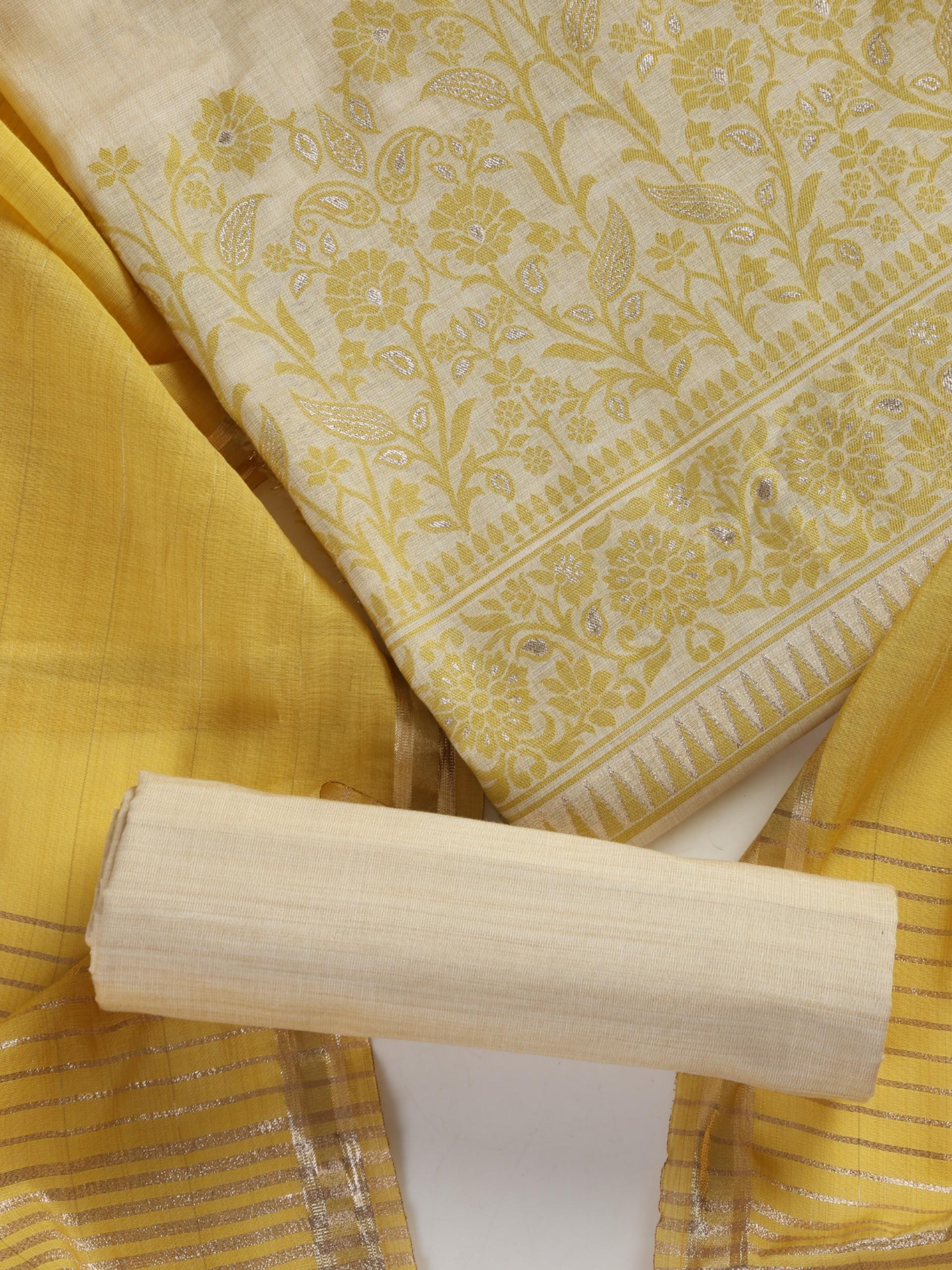 3 pc Unstitched Suit SET - Lime Yellow Jacquard Paisley Kurta with Zari Dupatta and Pyjama