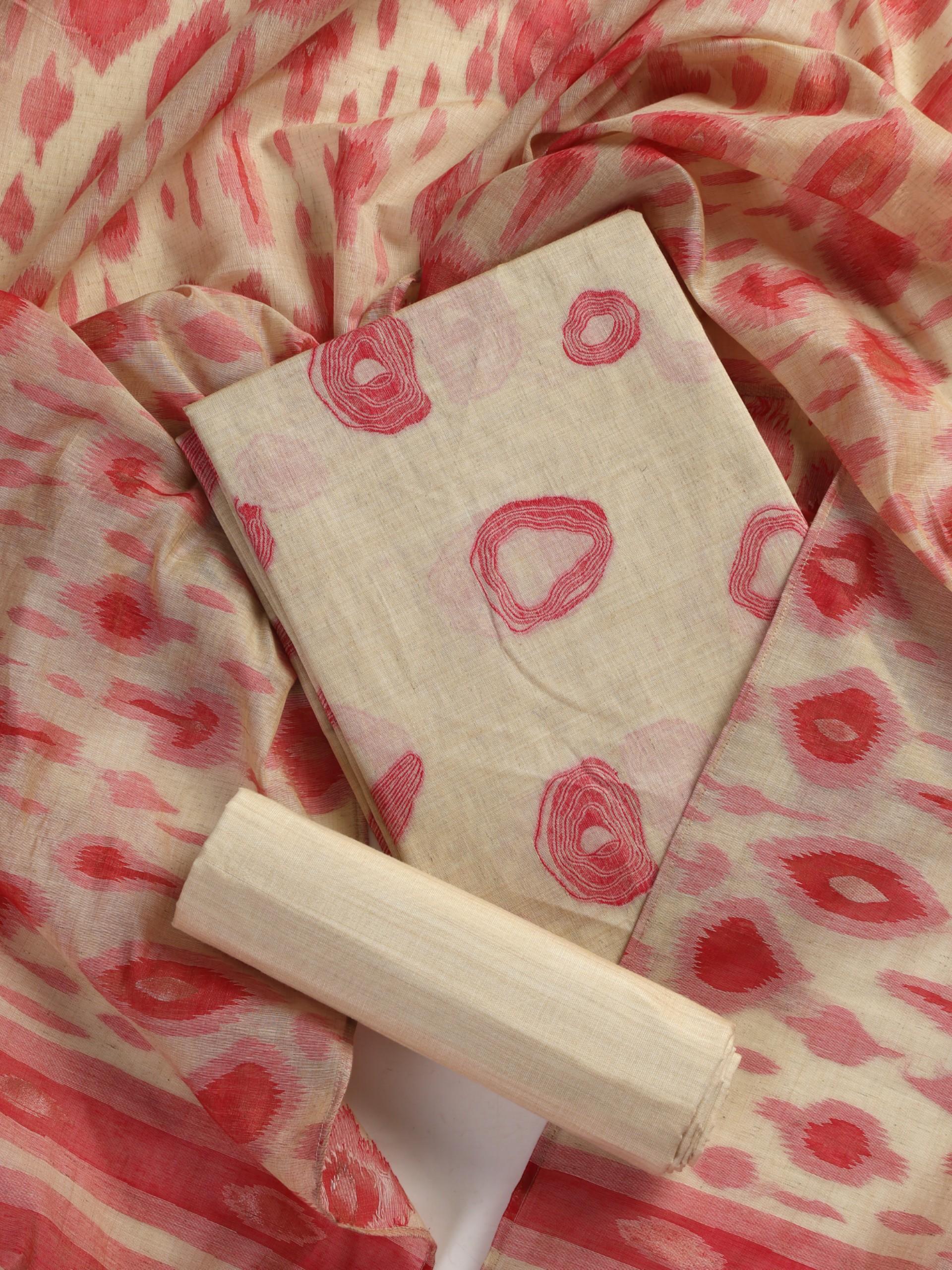 3 pc Unstitched Suit SET - Pink Tusser Ikkat Printed Kurta with Dupatta and Silk Pyjama