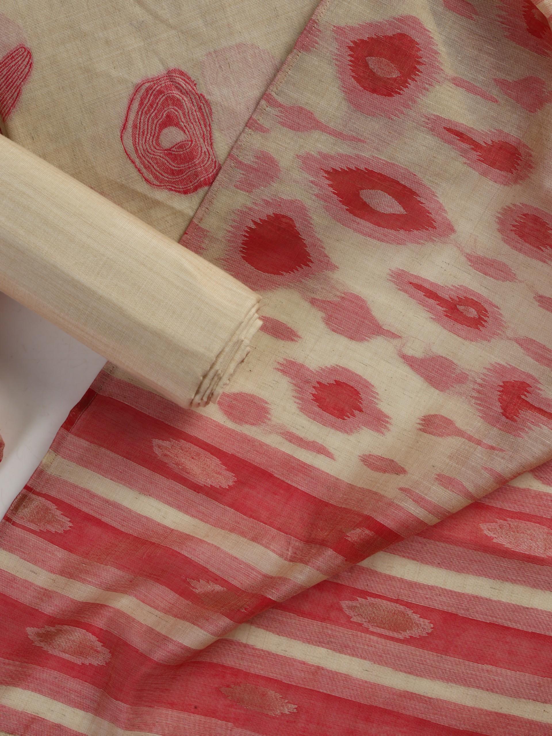 3 pc Unstitched Suit SET - Pink Tusser Ikkat Printed Kurta with Dupatta and Silk Pyjama