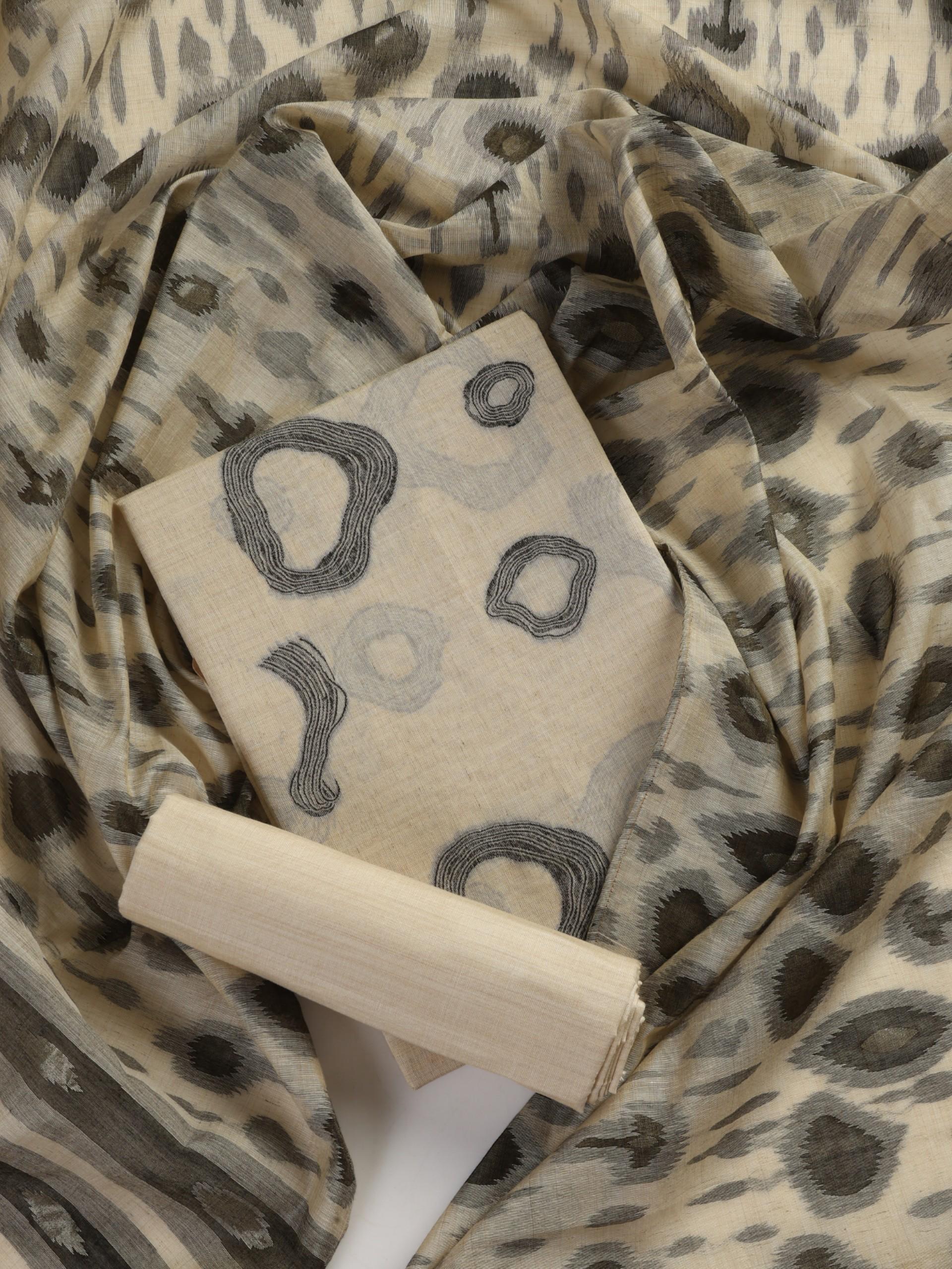 3 pc Unstitched Suit SET - Black Tusser Ikkat Printed Kurta and Dupatta with Silk Pyjama