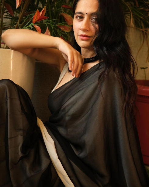 Pre-Draped 1-Minute Black Georgette with Cream Satin Saree with Blouse Fabric