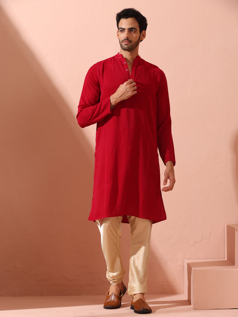 Red Korean Fabric Kurta with Hidden Placket