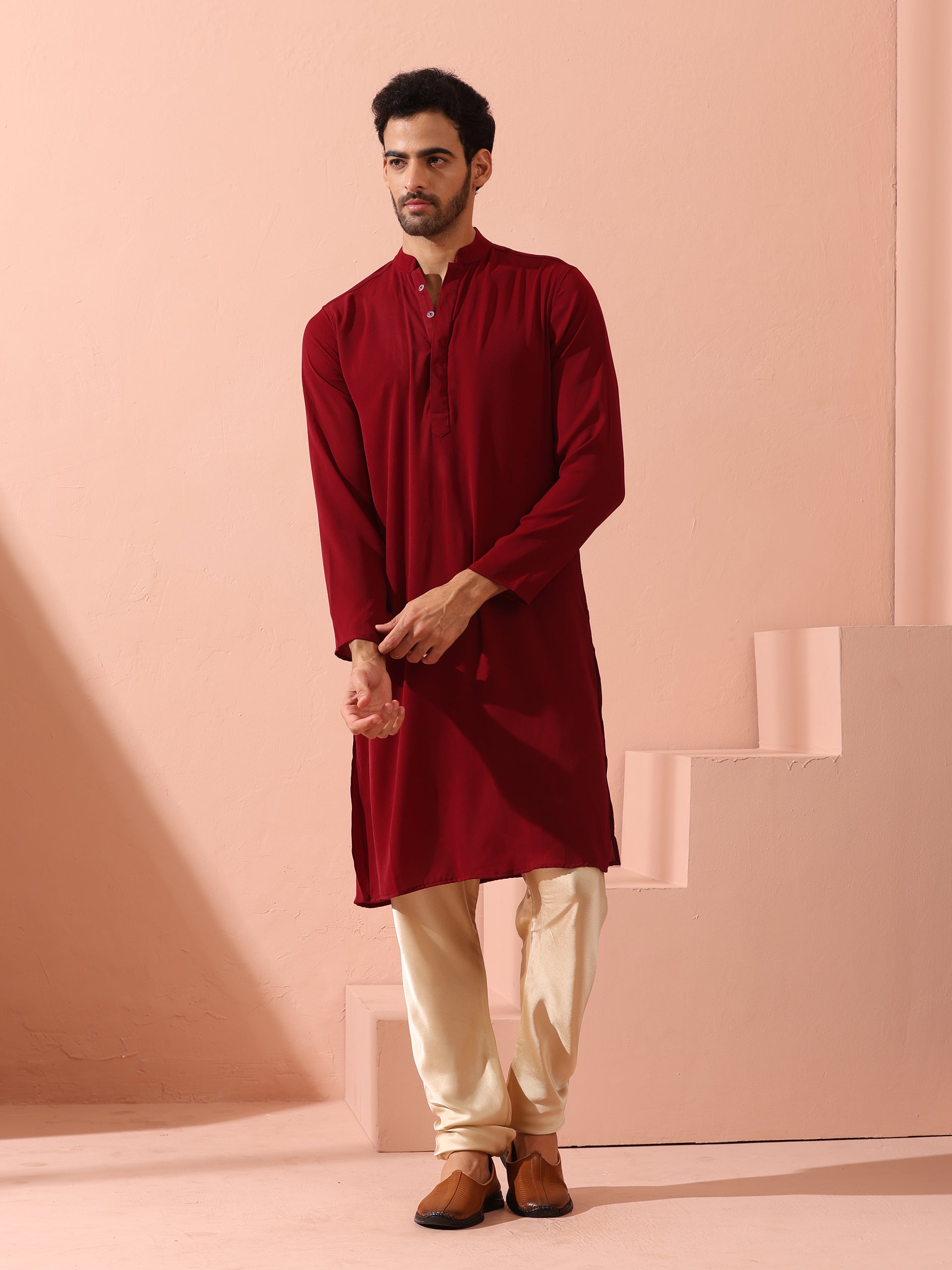 Maroon Korean Fabric Kurta with Hidden Placket