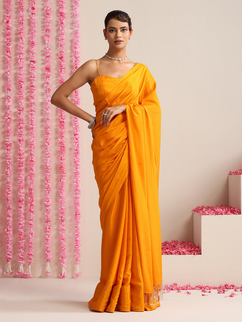 Foxy Orange Crepe Saree with Lace Drops