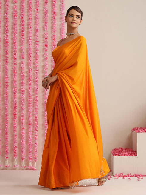 Foxy Orange Crepe Saree with Lace Drops