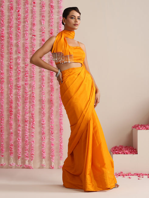 Foxy Orange Crepe Saree with Lace Drops