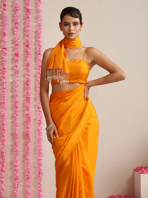 Foxy Orange Crepe Saree with Lace Drops