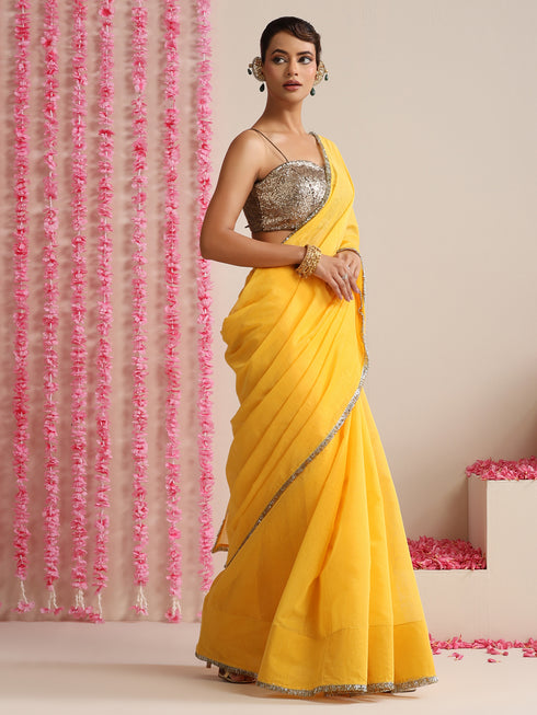 Yellow Cotton Chanderi Saree with Gold Border
