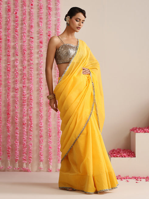 Yellow Cotton Chanderi Saree with Gold Border