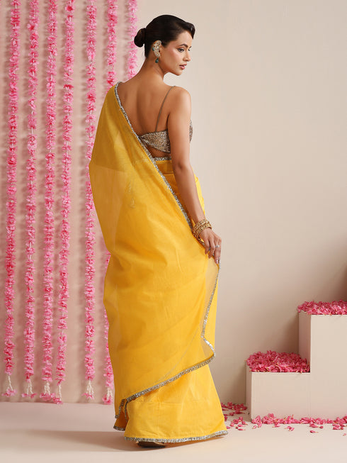 Yellow Cotton Chanderi Saree with Gold Border