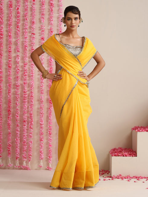 Yellow Cotton Chanderi Saree with Gold Border