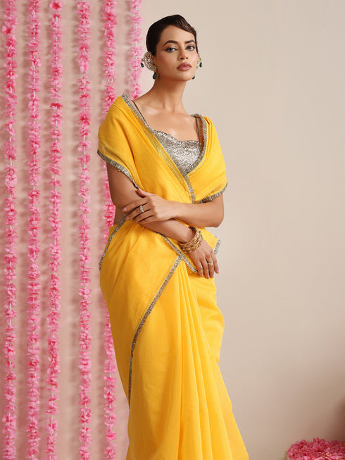 Yellow Cotton Chanderi Saree with Gold Border