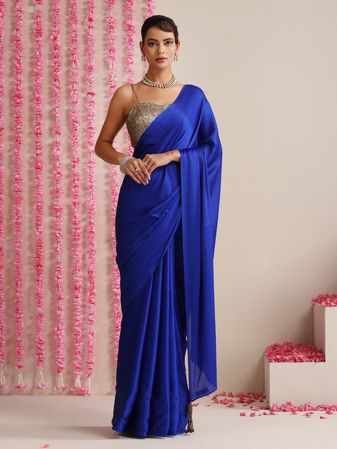 Electric Blue Solid Satin Saree with Tassels & Matching Blouse Fabric