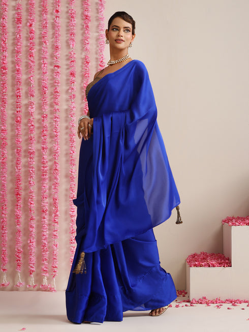 Electric Blue Solid Satin Saree with Tassels & Matching Blouse Fabric