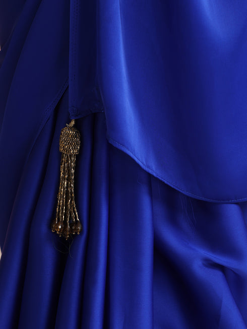 Electric Blue Solid Satin Saree with Tassels & Matching Blouse Fabric