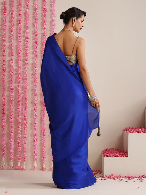 Electric Blue Solid Satin Saree with Tassels & Matching Blouse Fabric
