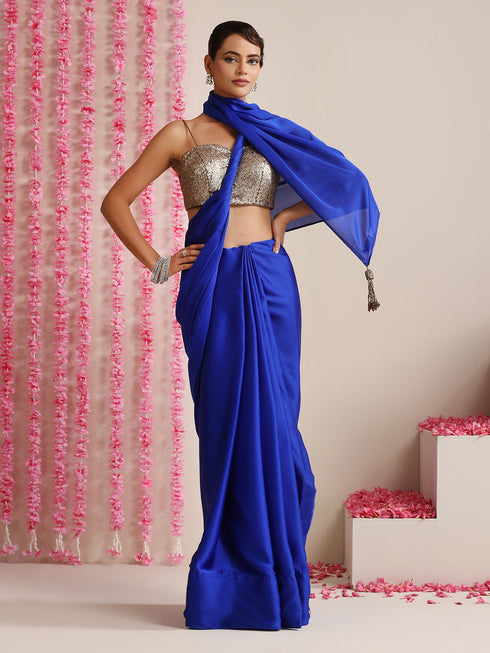 Electric Blue Solid Satin Saree with Tassels & Matching Blouse Fabric