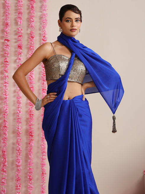 Electric Blue Solid Satin Saree with Tassels & Matching Blouse Fabric