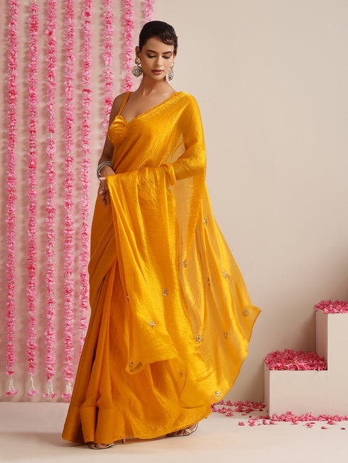 Yellow Metallic Satin Saree with Kundan Work
