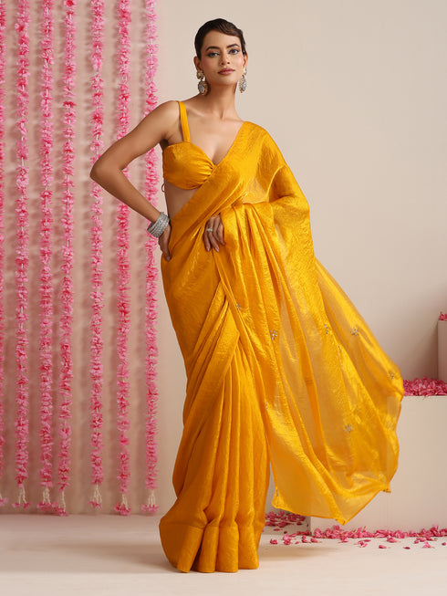 Yellow Metallic Satin Saree with Kundan Work