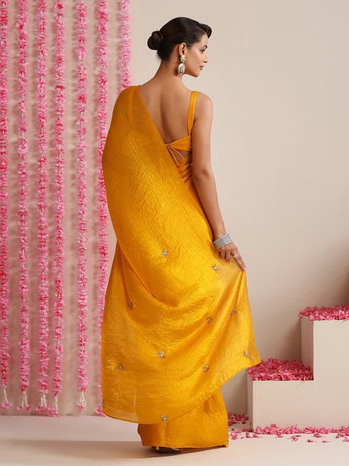 Yellow Metallic Satin Saree with Kundan Work