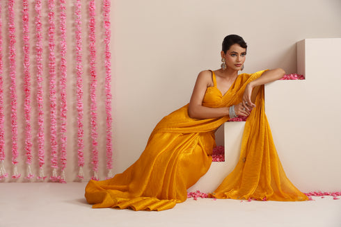 Yellow Metallic Satin Saree with Kundan Work